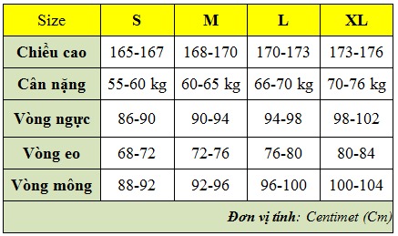 bảng size quần áo nam