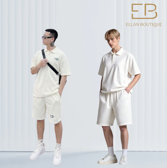 áo thun trắng/đen + short cotton + giày sneaker trắng